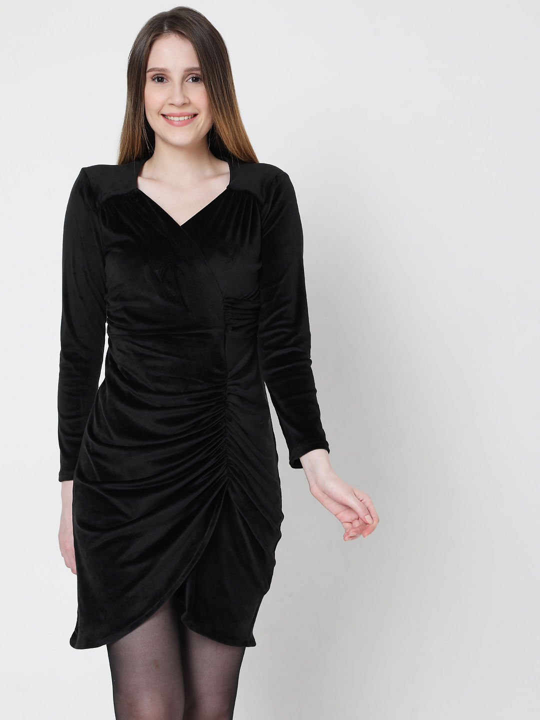 Buy Black Velvet Ruched Bodycon Dress ...